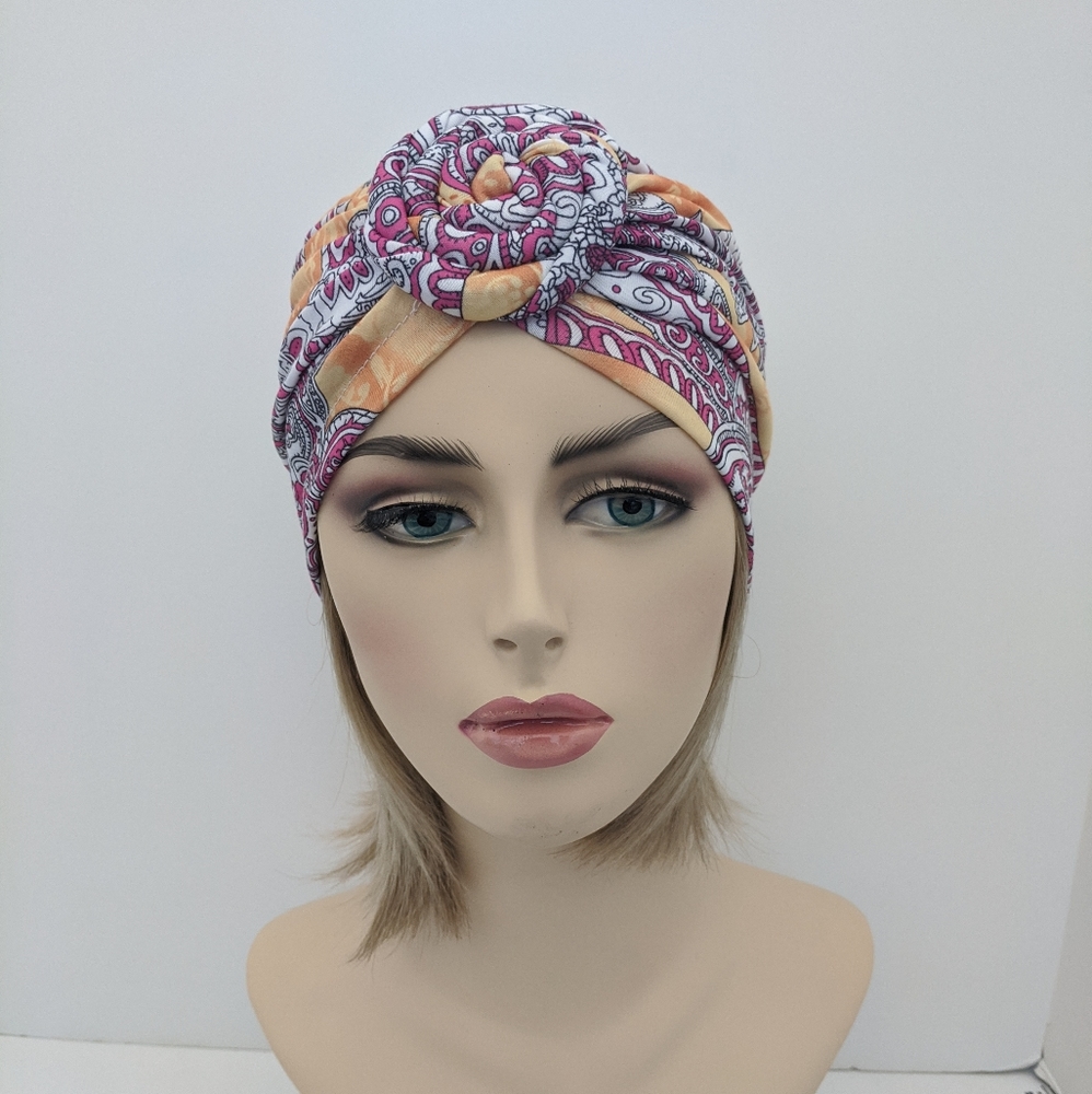 Multi Color Turban Hat Cap Print Orange Pink White